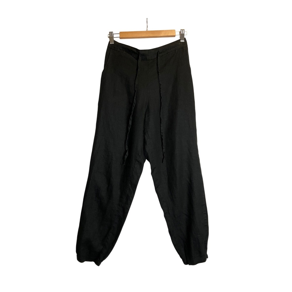 IXIMO Black100% Linen Pants Elastic Waist Drawstring Pockets Minimalist Summer S